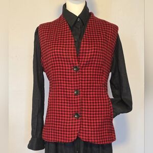 Vintage Women's Red Buffalo Check Fitted Wool Blend Vest wirh Pockets Size L